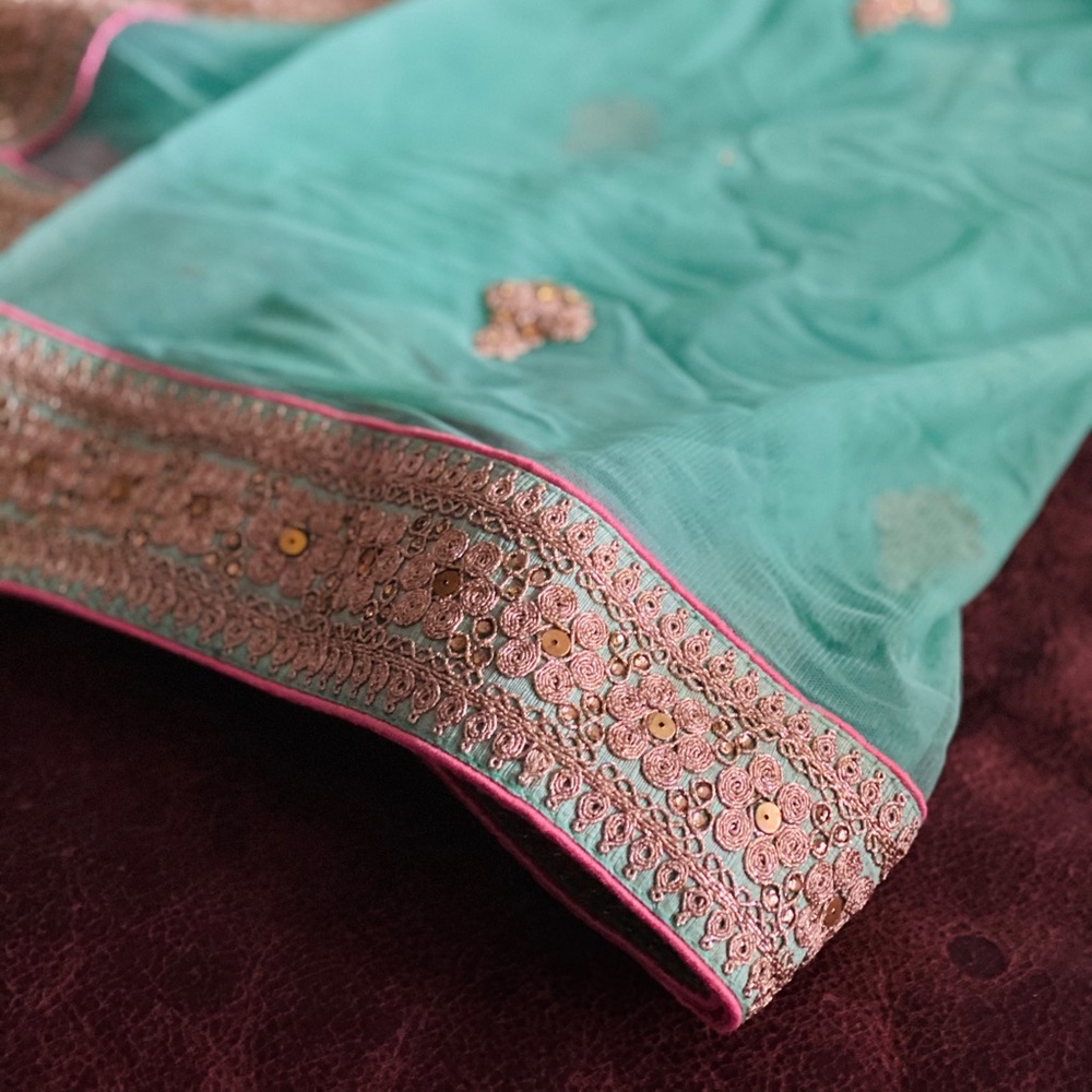 Brand new raw silk Lehenga w/blouse & net veil.